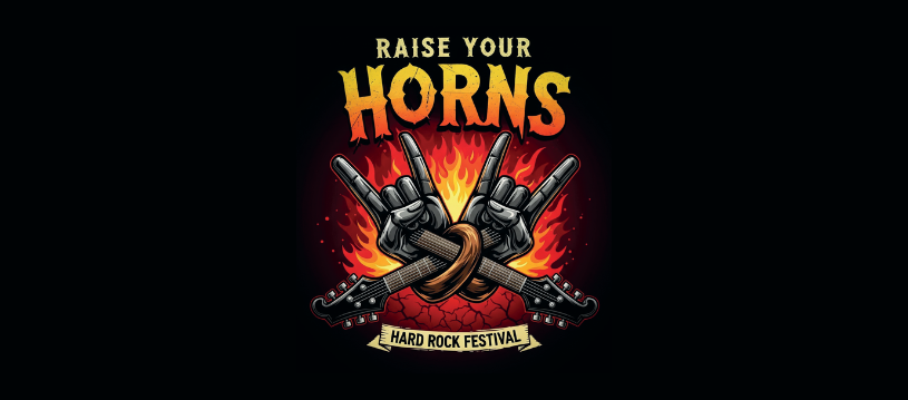 Hardrockfestival-logo met handgebaren, gitaren en vlammen