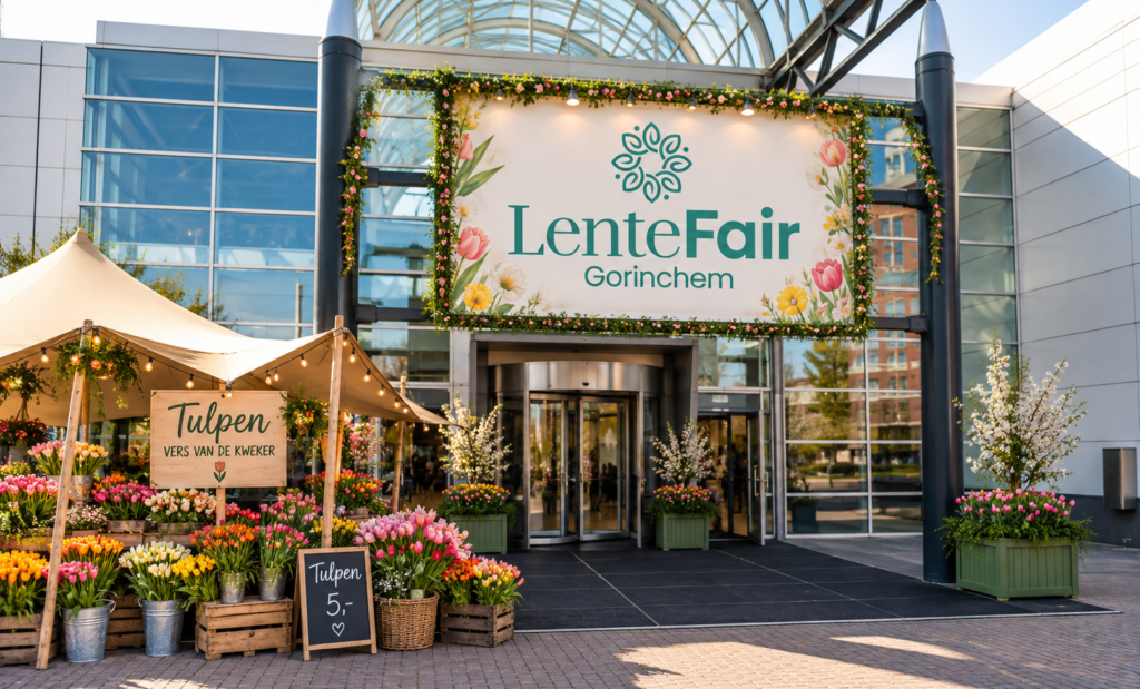 Ingang van LenteFair Gorinchem met kleurrijke tulpenkraam