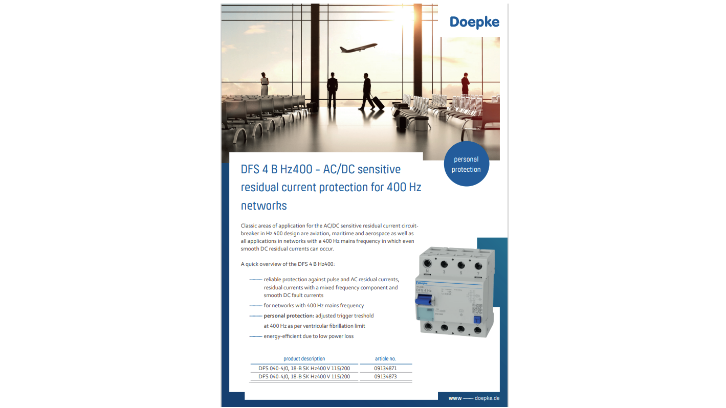 Jordfelsbrytare speciellt anpassade för flyg- sjöfart och andra anläggningar upp till 400Hz