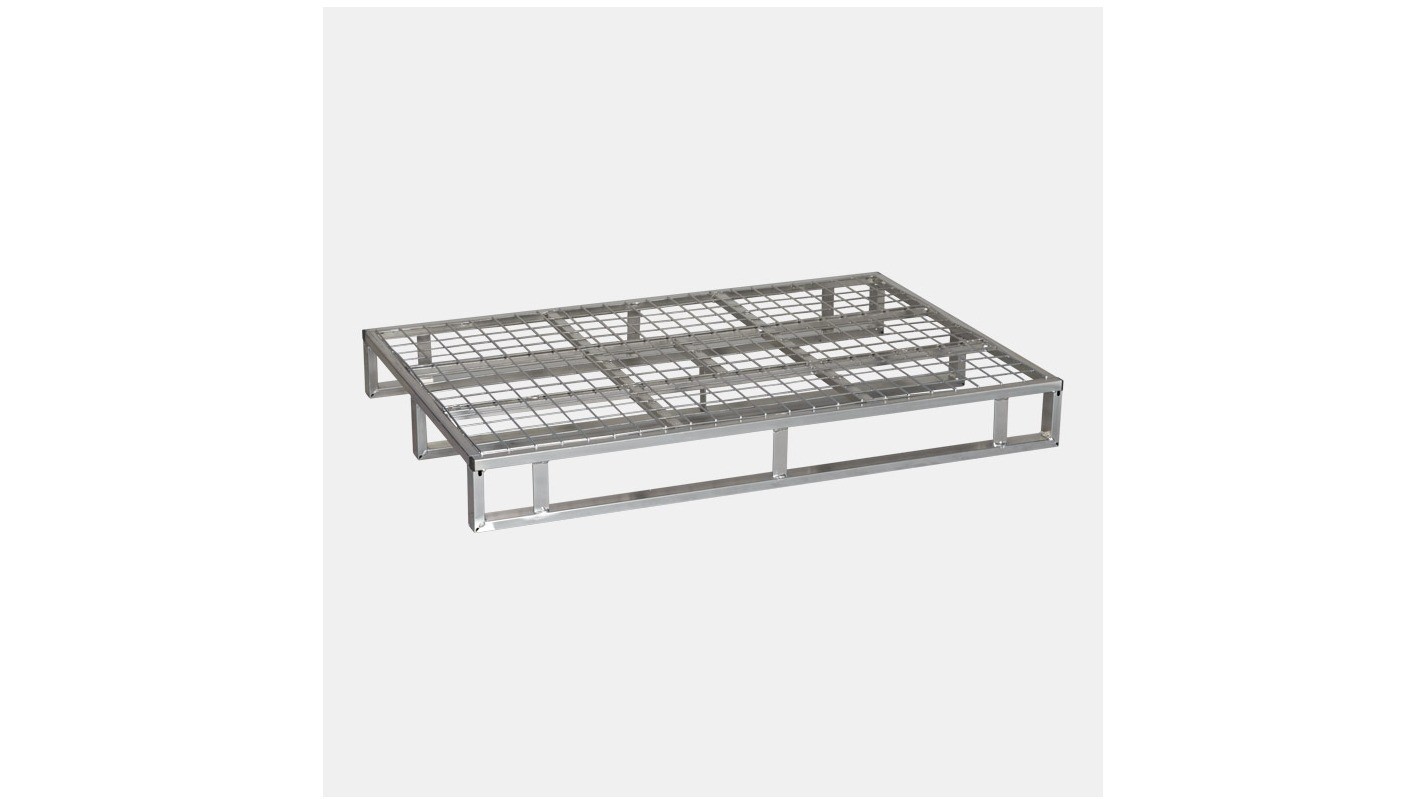 128-1 STEEL PALLET WITH MESH BOTTOM Robust steel pallet with mesh bottom, 1200 x 800 mm.