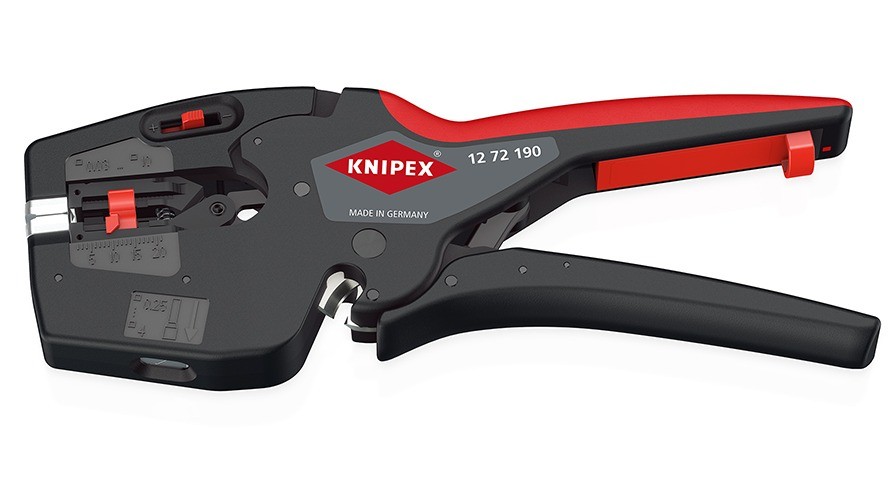KNIPEX NexStrip 12 72 190. The 3-in-1 combination for cutting, stripping and crimping! Strips conductors from 0.03 to 10 mm² with automatic adjustment. Crimps wire ferrules 0.25 – 4 mm² and 2 x 2.5 mm² and cuts flexible conductors up to 10 mm².