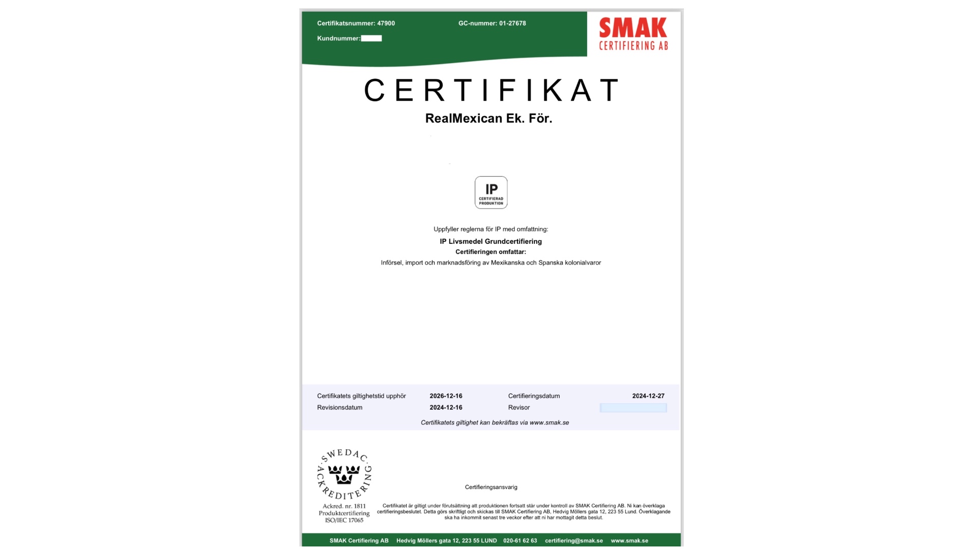 RealMexican has obtained the IP Food certificate