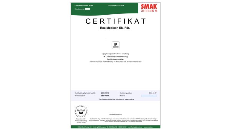 RealMexican har erhållit IP Livsmedel-certifikatet