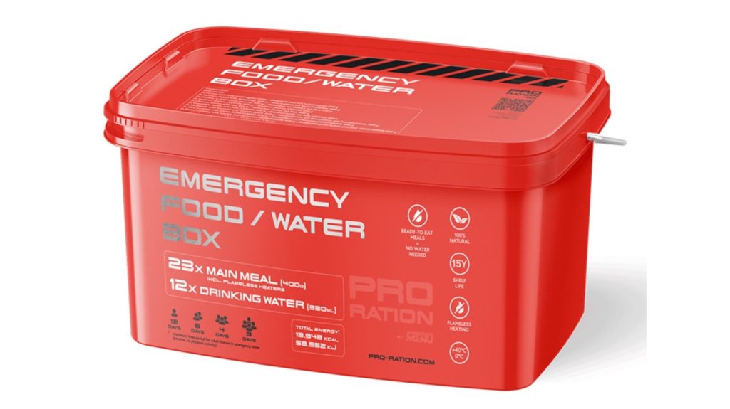 The Pro Ration Emergency Food/Water Box. Soft preserves (MRE) with 15-year shelf life