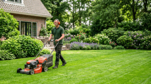 Man maait gazon in verzorgde, bloeiende tuin