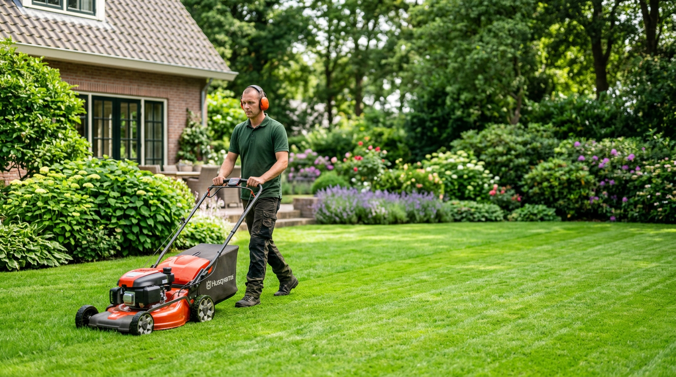 Man maait gazon in verzorgde, bloeiende tuin