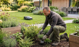 Tuinier plant lavendel in verhoogde bloembak