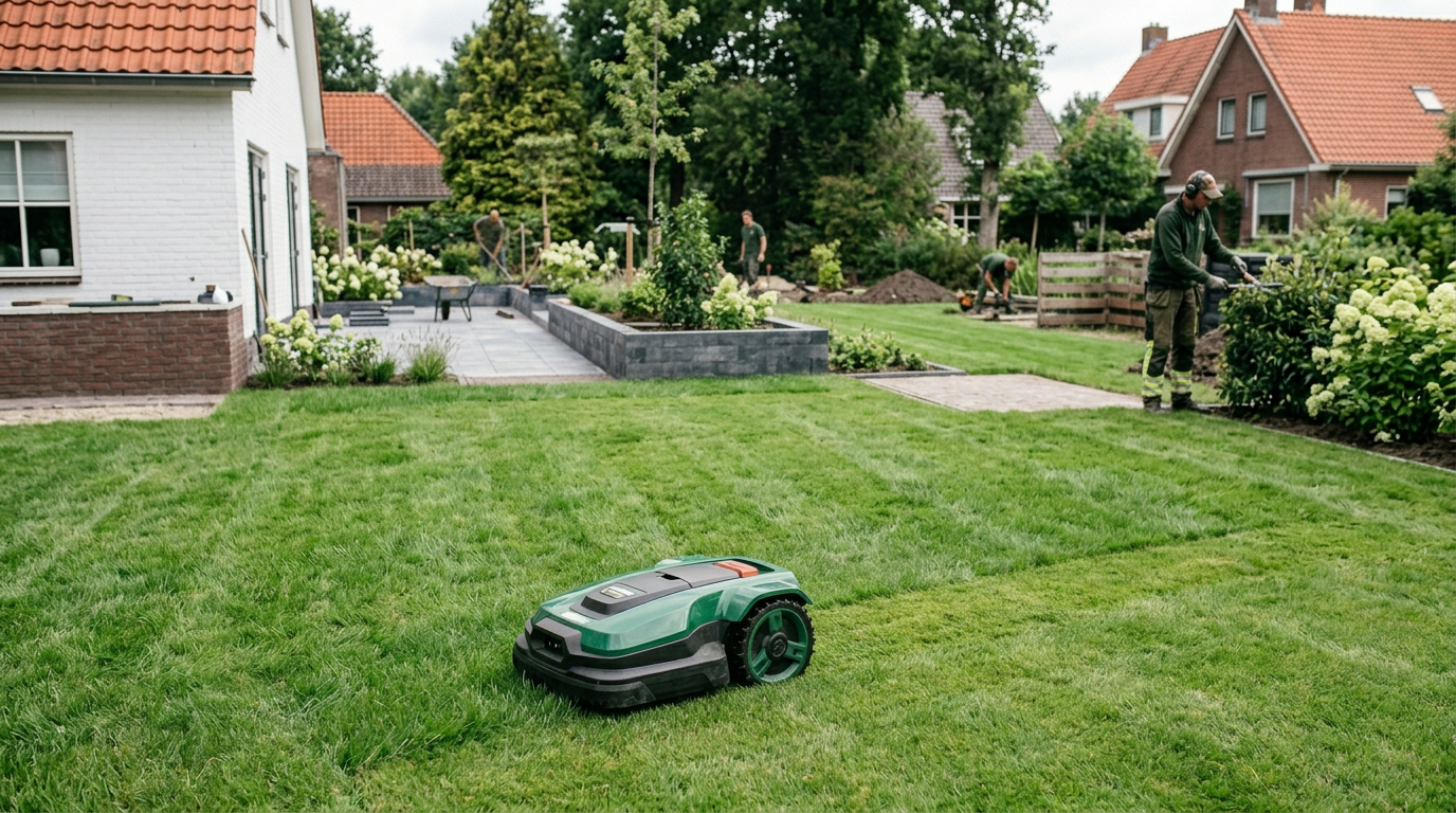 Robotmaaier op groen gazon tijdens tuinaanleg