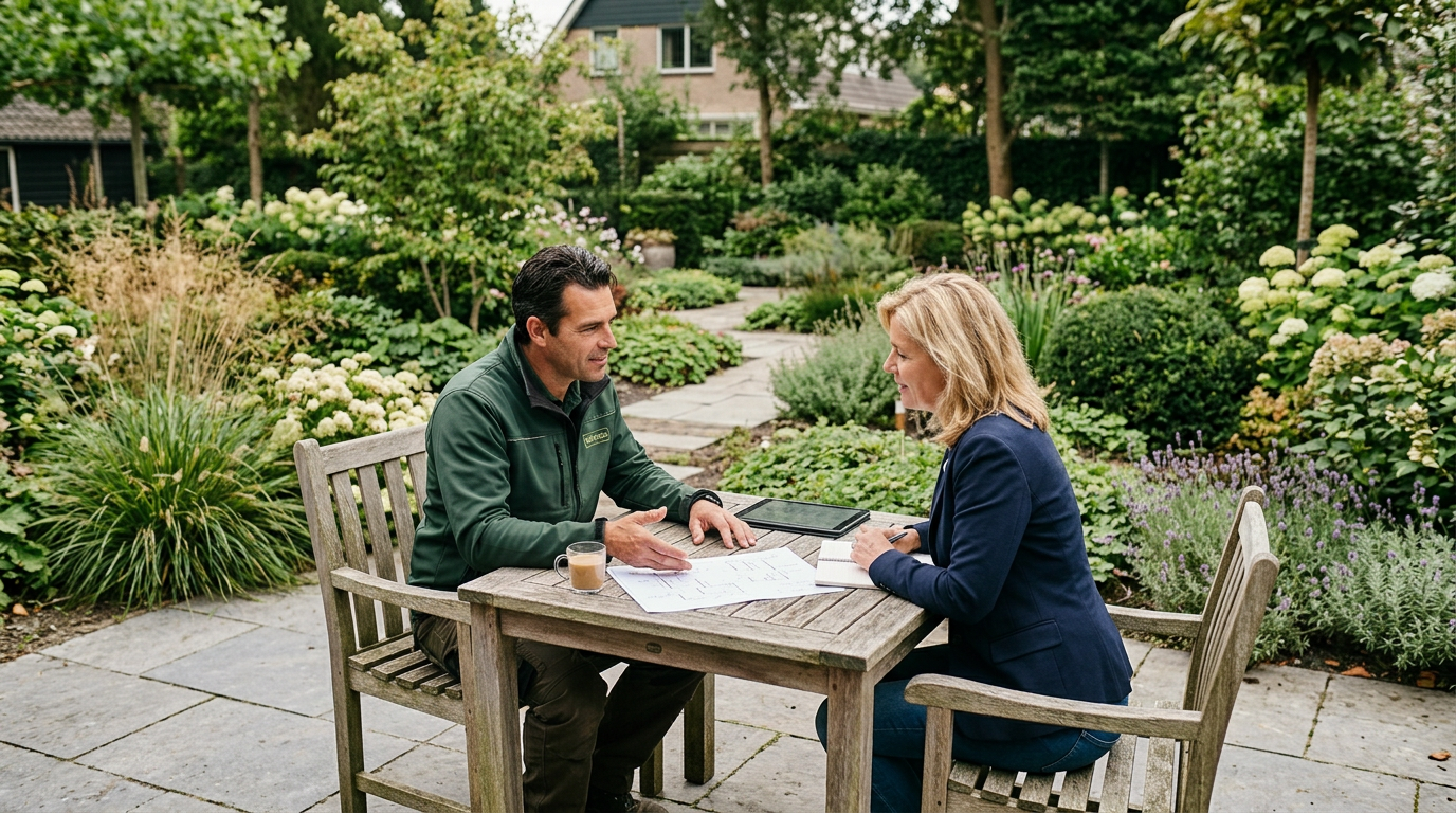 Tuinadviseur bespreekt ontwerp met vrouw aan houten tafel