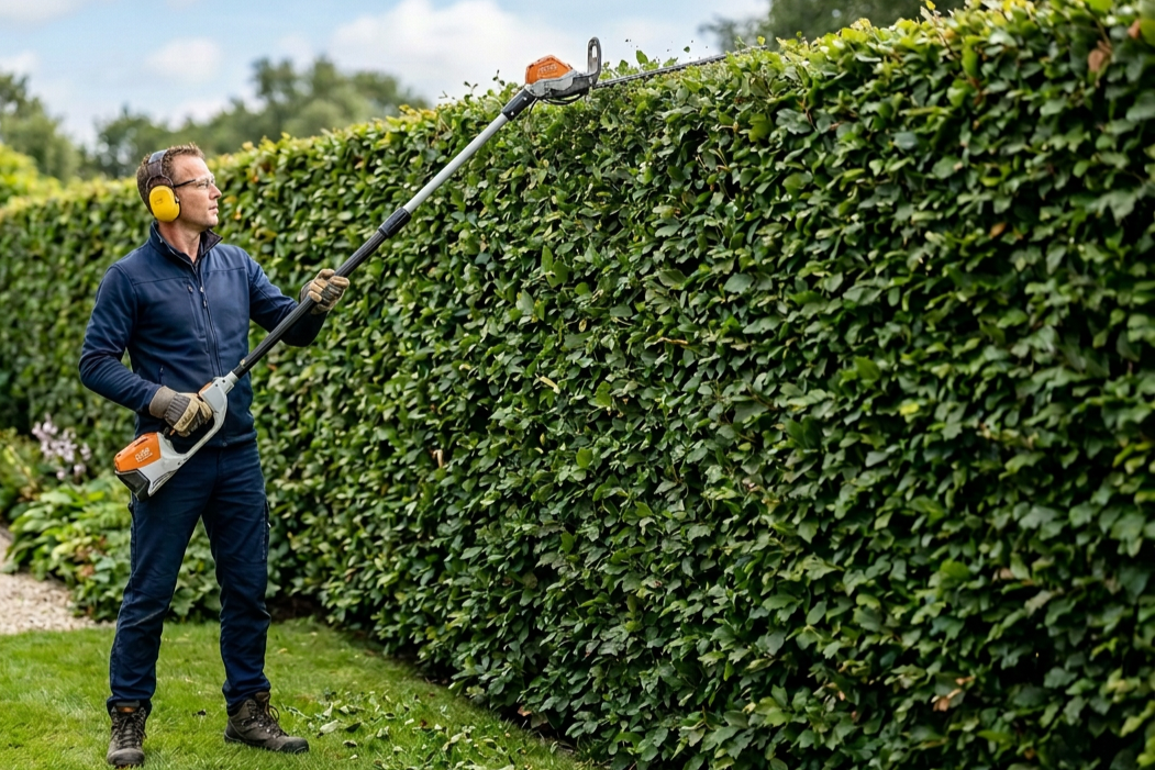 Man snoeit hoge haag met elektrische stokheggenschaar