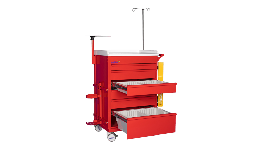 Chariot à tiroirs médical multifonctionnel avec plan de travail et accessoires