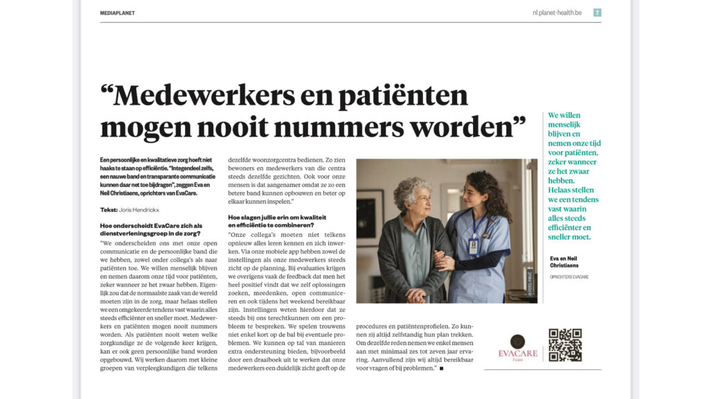 Artikel over EvaCare – Icare Zorg & Gezondheid’ terug bij De Morgen