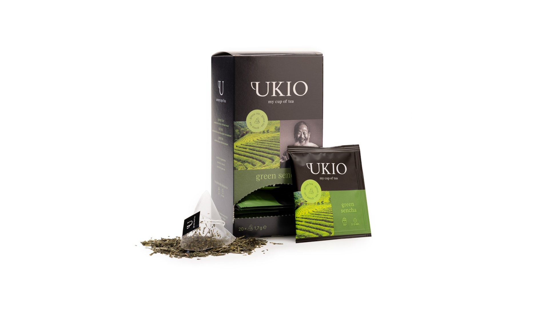 Ukio Green Sencha Losse groene thee in een handig zakje – 20 piramide builtjes, individueel verpakt