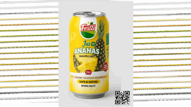 FESTTI JUS by AS GREEN révèle la fraîcheur du jus naturel de l’Ananas Pain de Sucre du Bénin. L’entreprise collabore avec plus de 250 producteurs certifiés GLOBAL GAP. Disponible en canettes de 33 cl, poches aseptiques de 33 cl et contenants de 5 litres.