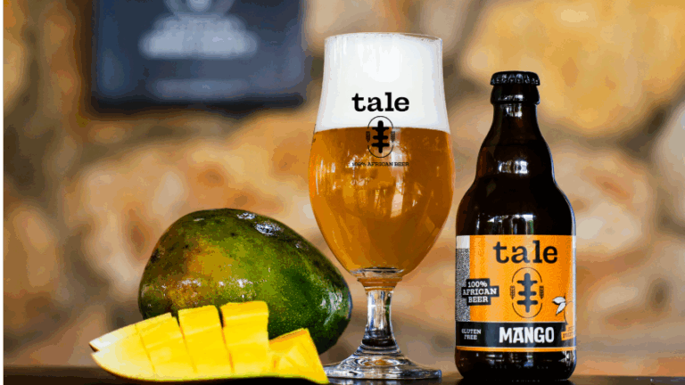 Tale Mango Fruit Beer 3.3% – brewed in Ghana using local ingredients, sweet, juicy and bursting with bold, natural flavour – glutenfree, sustainable, over 70% broken rice and fonio