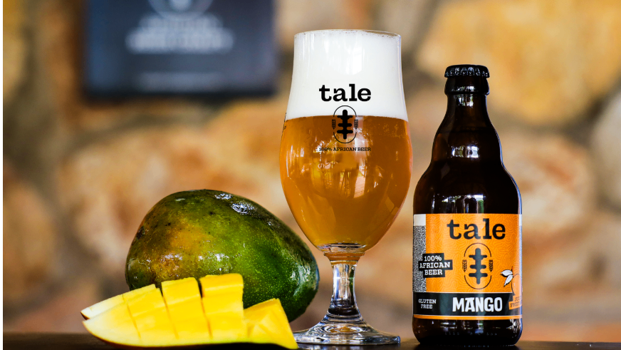 Tale Mango Fruit Beer 3.3% – brewed in Ghana using local ingredients, sweet, juicy and bursting with bold, natural flavour – glutenfree, sustainable, over 70% broken rice and fonio
