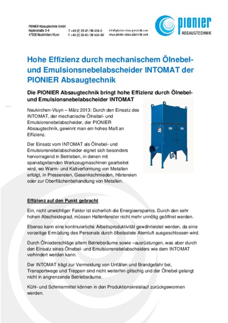 Ölnebel- und Emulsionsnebelabscheider INTOMAT