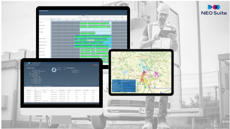 NEO Optimizer: Fully automated resource planning in minutes. Reduces planning effort by 90%, cuts travel times, CO₂ emissions and costs. Optimises according to criteria such as travel time, qualifications and breaks &ndash; simply. better. optimise.