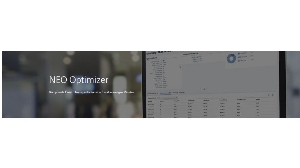 NEO Optimizer: Vollautomatische Einsatzplanung in Minuten. Reduziert Planungsaufwand um 90 %, senkt Fahrzeiten, CO₂ und Kosten. Optimiert nach Kriterien wie Reisezeit, Qualifikation und Pausen – einfach. besser. optimieren.