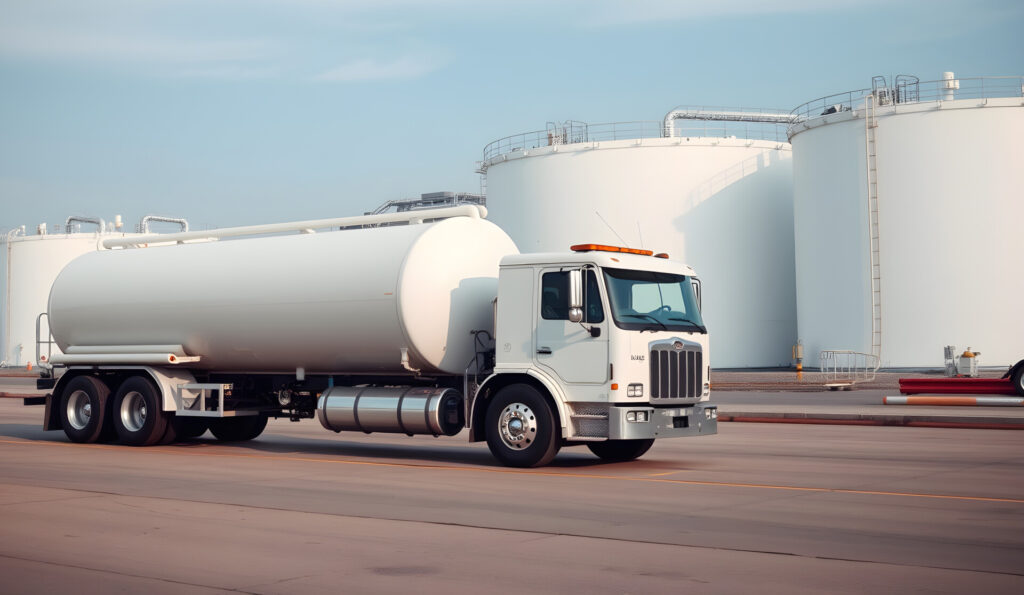 white tanker truck leaving industrial area with storage tanks