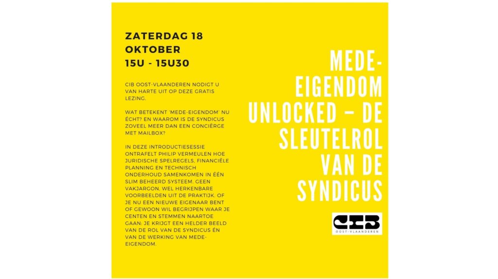 GRATIS LEZING – ZATERDAG 18/10 – 15u tot 15u30 – Mede-eigendom unlocked, de sleutelrol van de syndicus