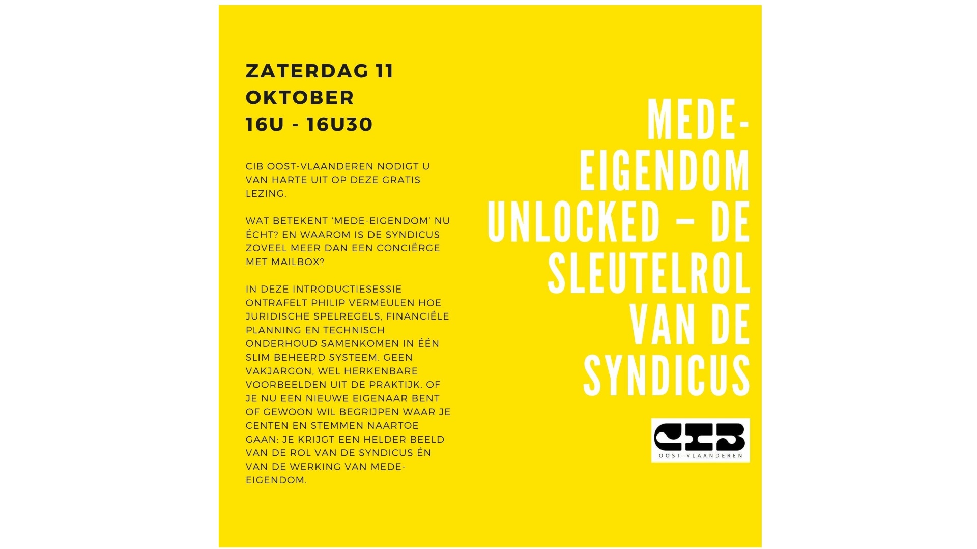 GRATIS LEZING – ZATERDAG 11/10 – 16u tot 16u30 – Mede-eigendom unlocked, de sleutelrol van de syndicus