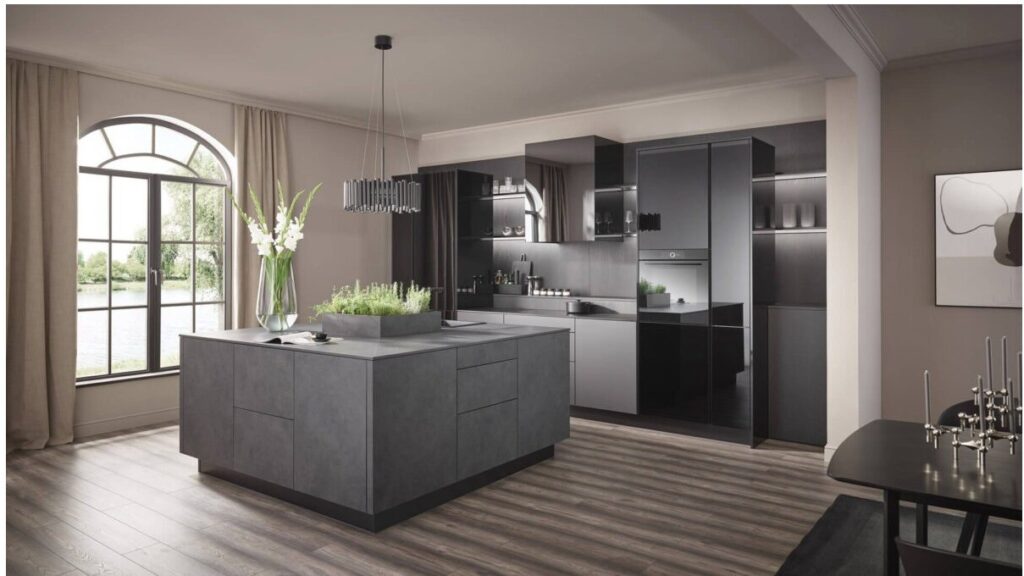 Hoge welzijnscultuur SHILA / ALINA / LARA Cement donker, mat zwart en glanzende fronten, spelen met verschillende materiaal- en structuursamenstellingen.