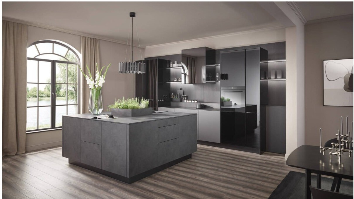 Hoge welzijnscultuur SHILA / ALINA / LARA Cement donker, mat zwart en glanzende fronten, spelen met verschillende materiaal- en structuursamenstellingen.