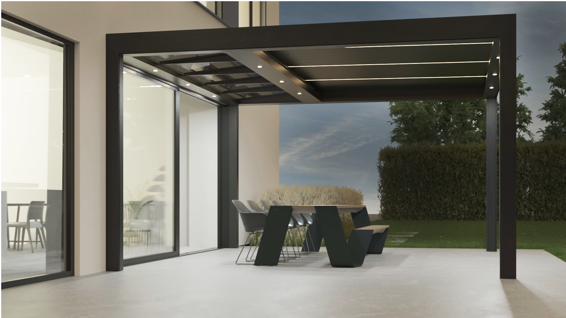 BRUSTOR B720 Terrasoverkapping met glas- en lamellendak