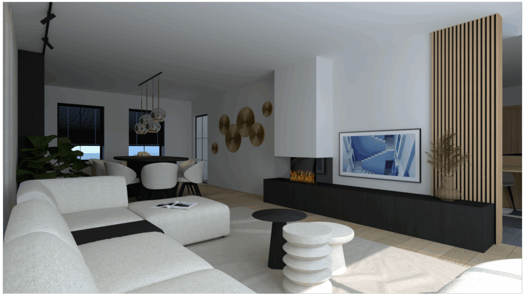 Moderne leefruimte met haard in Knokke-Heist