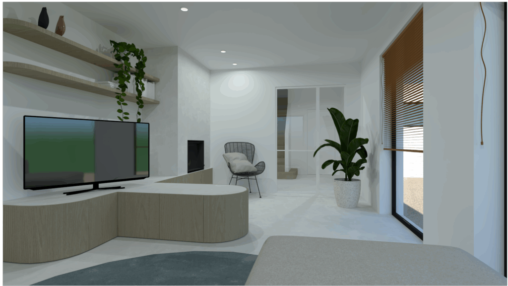 Maatwerk leefruimte in dezelfde stijl als de keuken te Waardamme