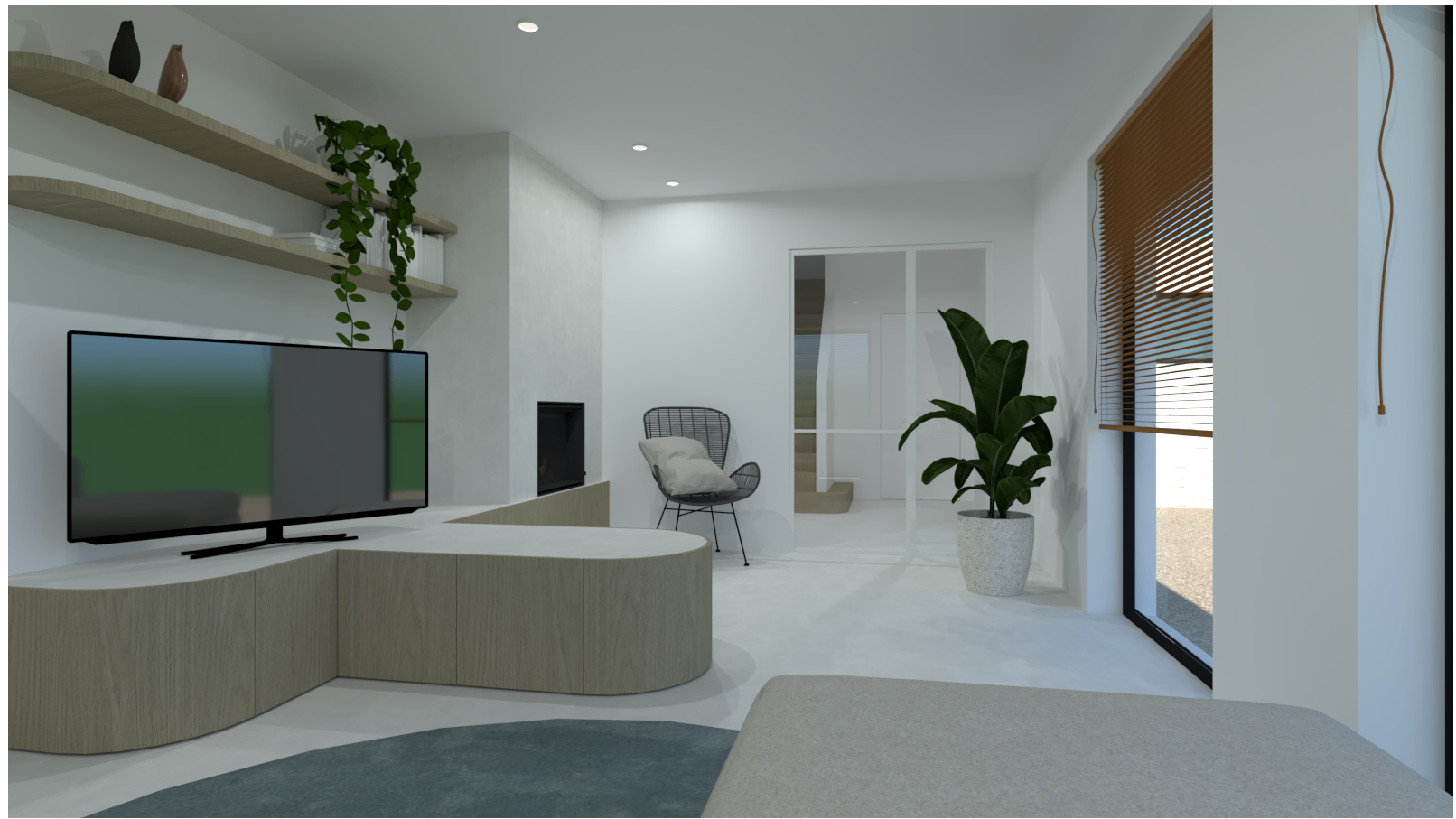 Maatwerk leefruimte in dezelfde stijl als de keuken te Waardamme