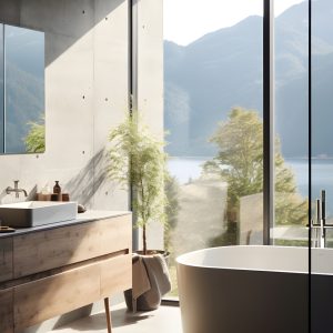 Badkamer met hout, beton en bamboo