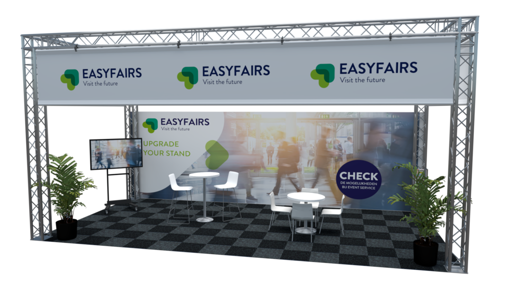 Easyfairs-beursstand met zitplaatsen, scherm en planten