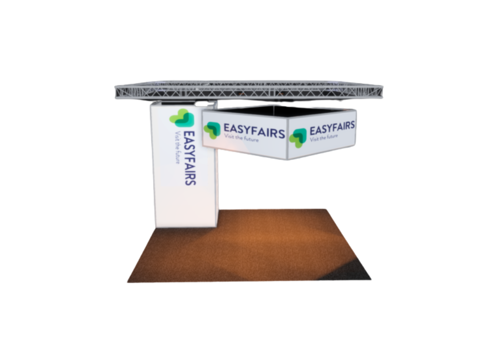 Easyfairs-beursstand met hangend logo en trussconstructie