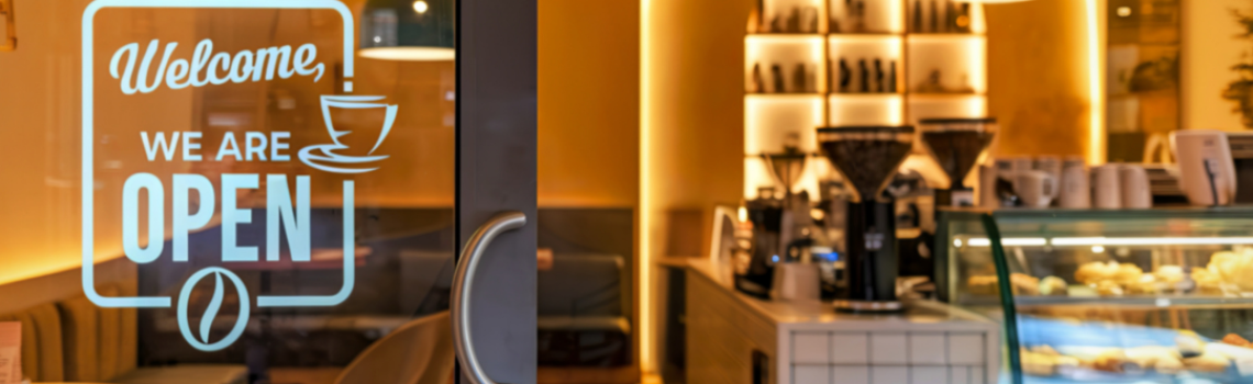 Open coffeeshop met verlichte toonbank en gebaksvitrine