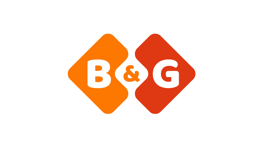 B&G-logo met oranje en rode ruiten