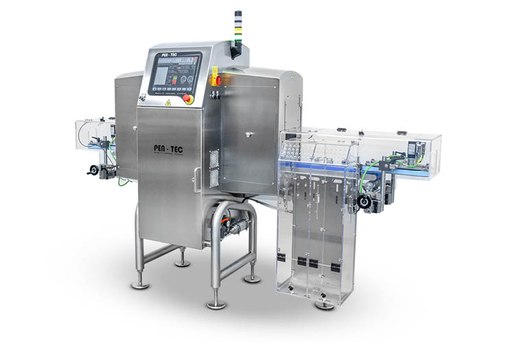 Most compact combination system for x-ray and checkweighing of vertical products