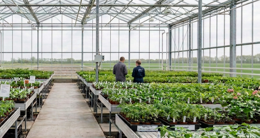 Twee mensen inspecteren planten in een grote kas