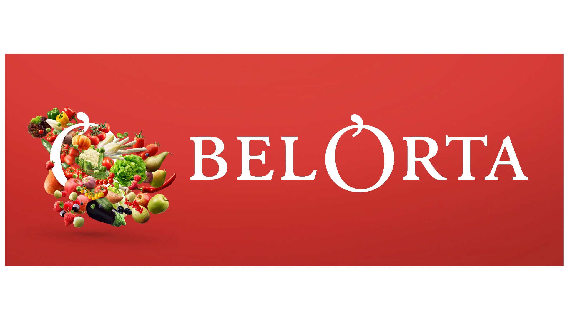 Belorta-logo met verse groenten en fruit op rode achtergrond