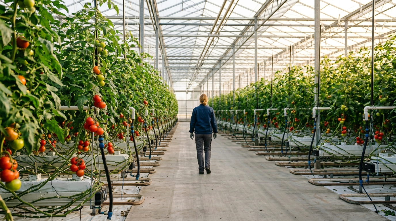Persoon loopt tussen tomatenplanten in een kas