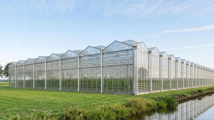 Grote glazen kas naast een sloot in groen landschap