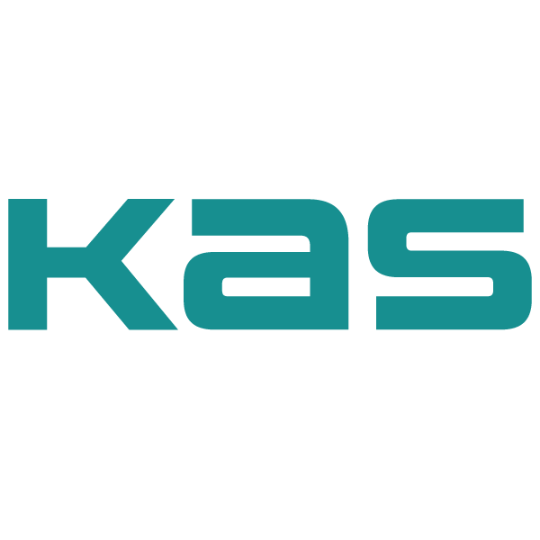 Turquoise logo met gestileerde letters KAS op zwarte achtergrond