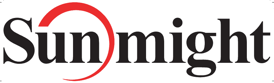Sunmight-logo met rode boog en zwarte letters