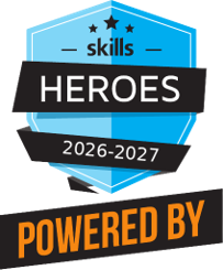 Blauw Heroes Skills-embleem met Powered by-tekst