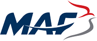 MAF-logo met blauw opschrift en rode grijze swoosh