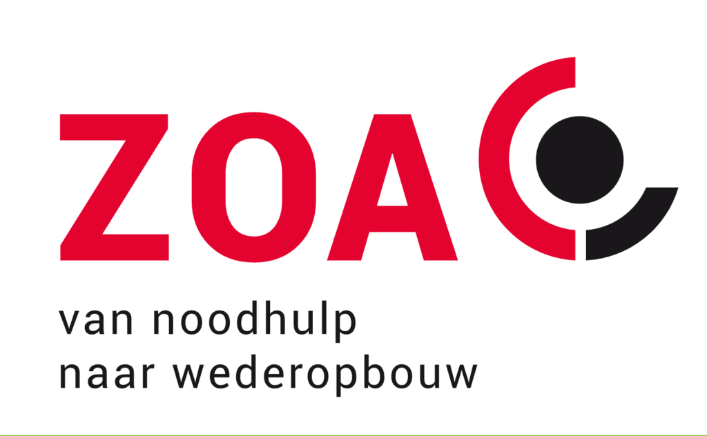 Logo van ZOA met slogan over wederopbouw
