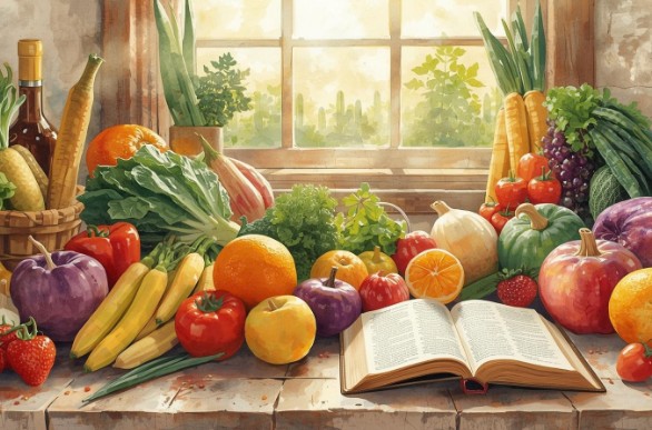 Open kookboek tussen kleurrijke groenten en fruit bij raam