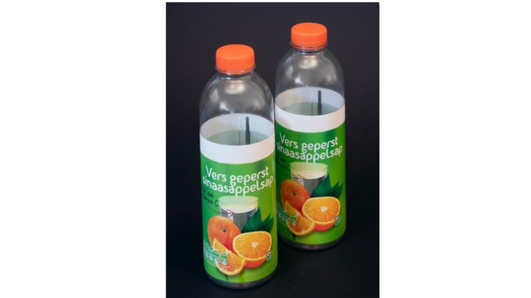 Capped and labeled rPET bottles