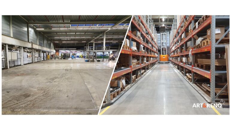 Art & Reno maakt uw oude ongelijke bedrijfsvloer super vlak en polijst hem daarna hoogglans. Zo kunnen uw reachtrucks vlot en zonder problemen tussen de gangpaden rijden.